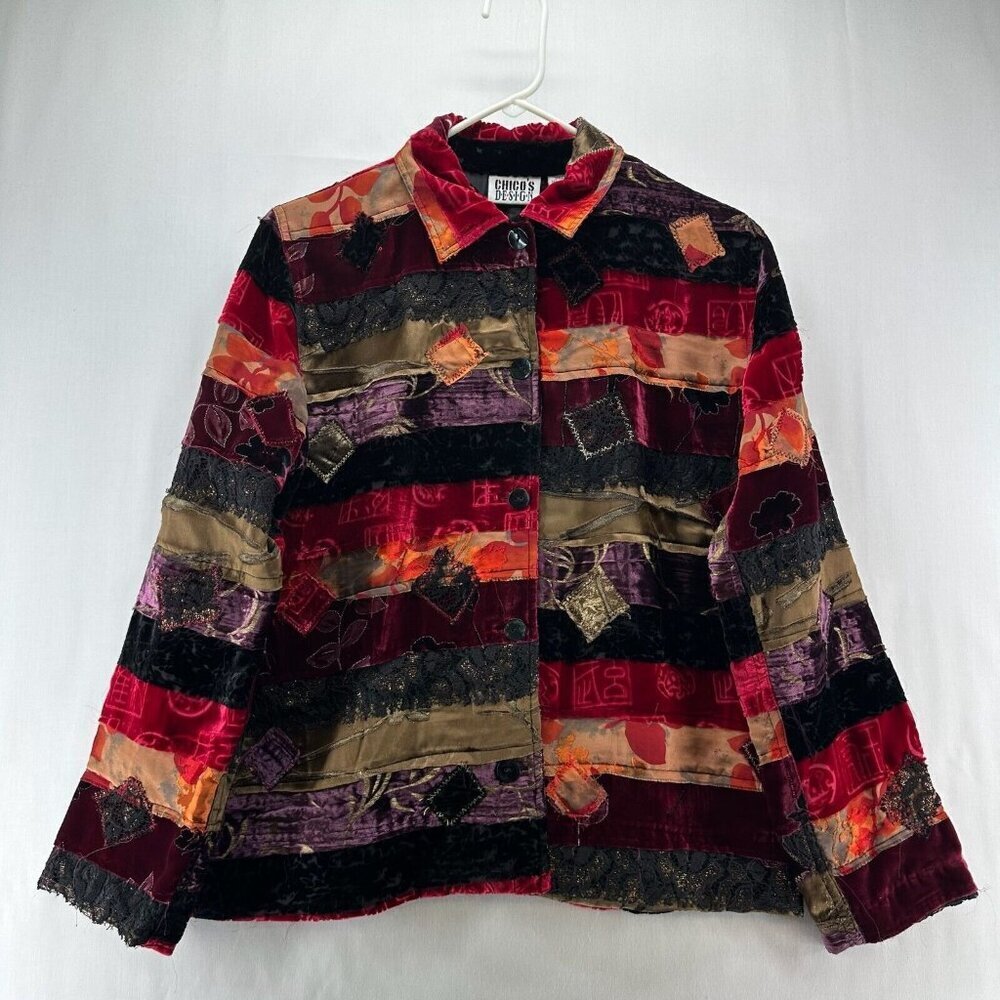 Chico's Design Jacket Size 1 M/8 Rayon Silk Velvet Patchwork Shacket Multicolor - Picture 1 of 10